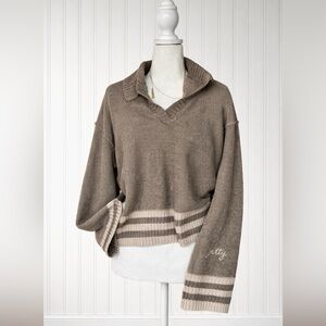 Jetty Knit Polo Sweater Womens L Taupe/Dark Gray Striped Hem Merino Wool